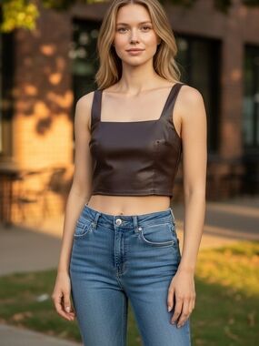 Express Brown Faux Leather Square-Neck Cropped Tank